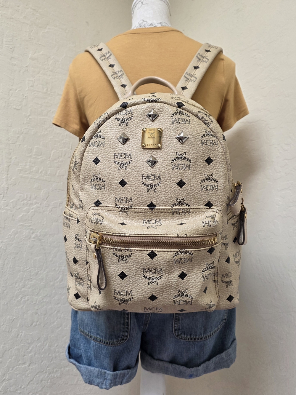 MCM Cream Monogram Medium Backpack AUTHENTIC